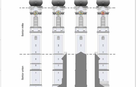 Auch orthogonale Fotografien können verformungsgerecht in CAD digitalisiert werden. Bei diesem Projekt handelt es sich um einen Kirchenturm, welcher zur Bestandsaufnahme digitalisiert wurde.