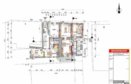 Wir digitalisieren Ihre alten Baupläne und bereiten diese zusammen mit Architekten als Baugesuch zur Vorlage beim Bauamt auf. Die Kosten für die Digitalisierung und Aufbereitung dieses EG Plans (Umbau eines MFH und DHH) beliefen sich auf 120,-€.