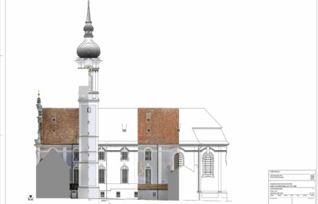 Digitalisierung von Gebäuden anhand Orthofoto. Ein Orthofoto ist eine verzerrungsfreie und maßstabsgetreue Aufnahme, welche über Drohnen aus der Luft aufgenommen wird. Die Digitalisierung des Bildes erfolgt in CAD durch manuelle Konstruktion, im CAD setzten wir die einzelnen Objekte auf entsprechende Layer. Für dieses Projekt benötigte das Bauamt CAD Pläne der Fassadenseiten West, Süd und Ost zur Planung der anstehenden Renovierung der Kirche.