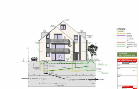 Zum Bauantrag benötigten unsere Kunden neben den Eingabe und Bauplan auch einen Entwässerungsplan. Hier ein Beispiel zu einem Mehrfamilienhaus, der Entwässerungsplan wurde als Ansicht und als Grundriss konstruiert.
