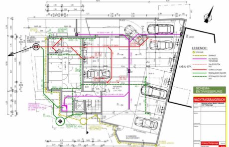 Zum Bauantrag benötigten unsere Kunden neben den Eingabe und Bauplan auch einen Entwässerungsplan. Hier ein Beispiel zu einem Mehrfamilienhaus, der Entwässerungsplan wurde als Ansicht und als Grundriss konstruiert.